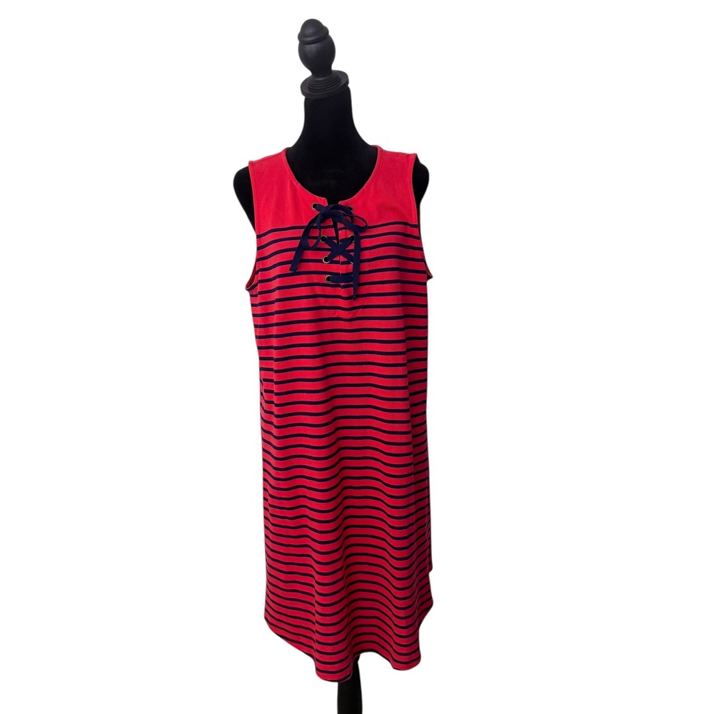 Talbots Striped Lace Up Dress Size L Red Blue Sleeveless Preppy‎ Nautical Cotton
